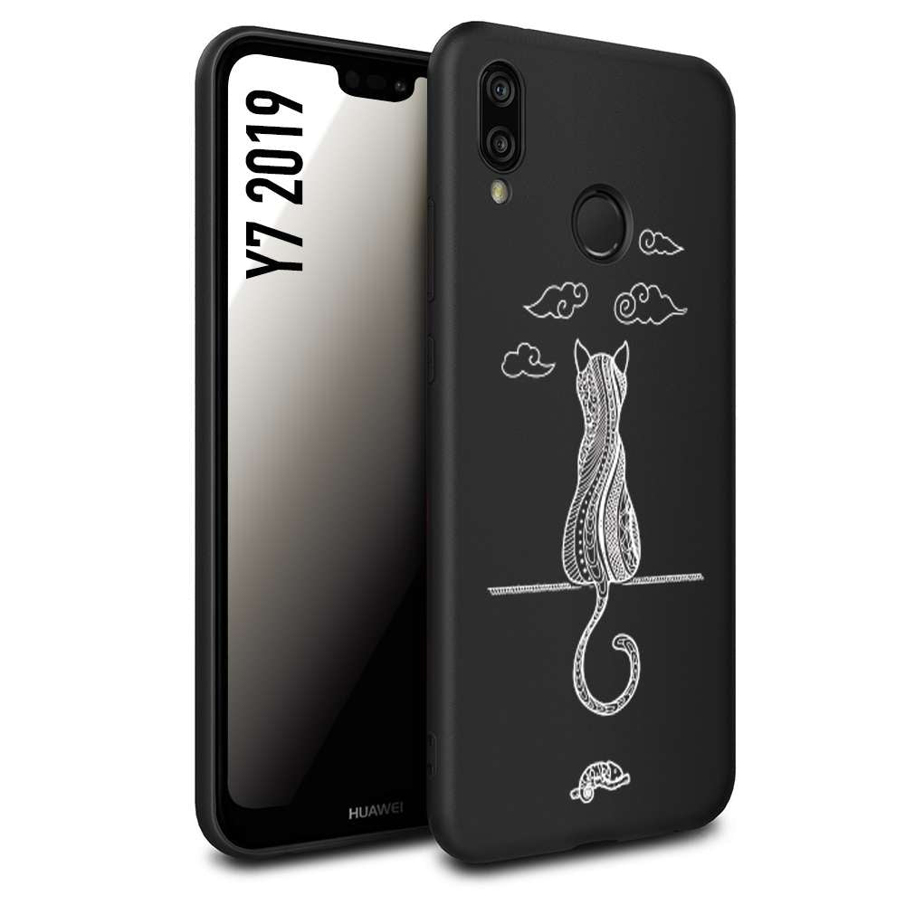 CUSTOMIZZA - Custodia cover nera morbida in tpu compatibile per Huawei Y7 2019 gatto mandala stilizzato gattino a rilievo soft touch donna bianca