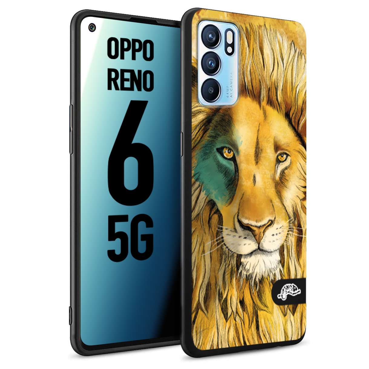 CUSTOMIZZA - Custodia cover nera morbida in tpu compatibile per Oppo Reno 6 5G leone lion disegnato a mano giallo blu a rilievo artistico brown