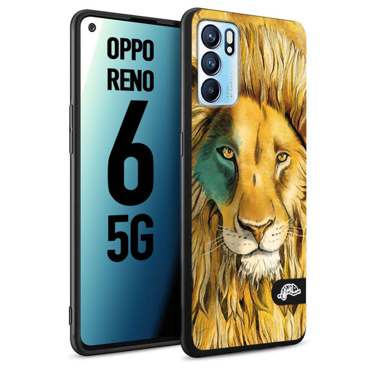 CUSTOMIZZA - Custodia cover nera morbida in tpu compatibile per Oppo Reno 6 5G leone lion disegnato a mano giallo blu a rilievo artistico brown