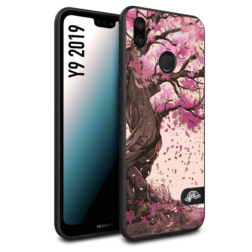 CUSTOMIZZA - Custodia cover nera morbida in tpu compatibile per Huawei Y9 2019 giapponese colori morbidi fiori di ciliegio rosa disegnata