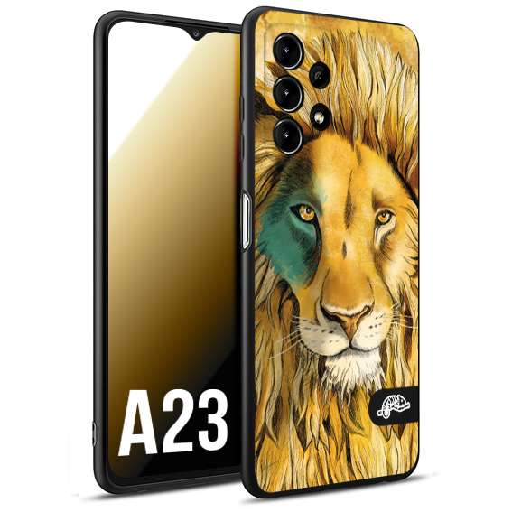 CUSTOMIZZA - Custodia cover nera morbida in tpu compatibile per Samsung A23 leone lion disegnato a mano giallo blu a rilievo artistico brown