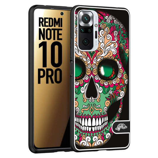 CUSTOMIZZA - Custodia cover nera morbida in tpu compatibile per Xiaomi Redmi Note 10 PRO teschio messicano Mexican skull verde fucsia