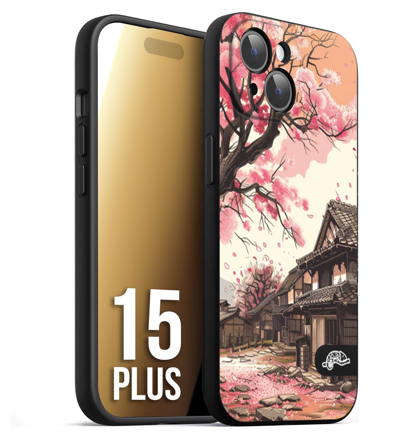 CUSTOMIZZA - Custodia cover nera morbida in tpu compatibile per iPhone 15 PLUS casa giapponese rosa ciliegio in fiore disegnata tattoo