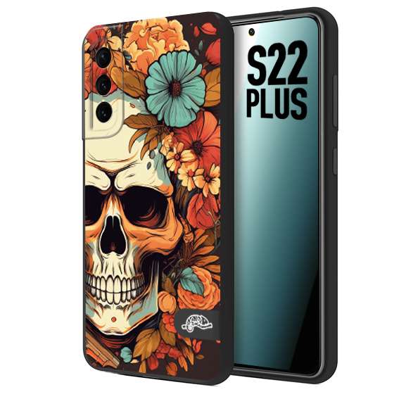 CUSTOMIZZA - Custodia cover nera morbida in tpu compatibile per Samsung S22 PLUS teschio skull flowers fiori autunnali arancio celeste tattoo