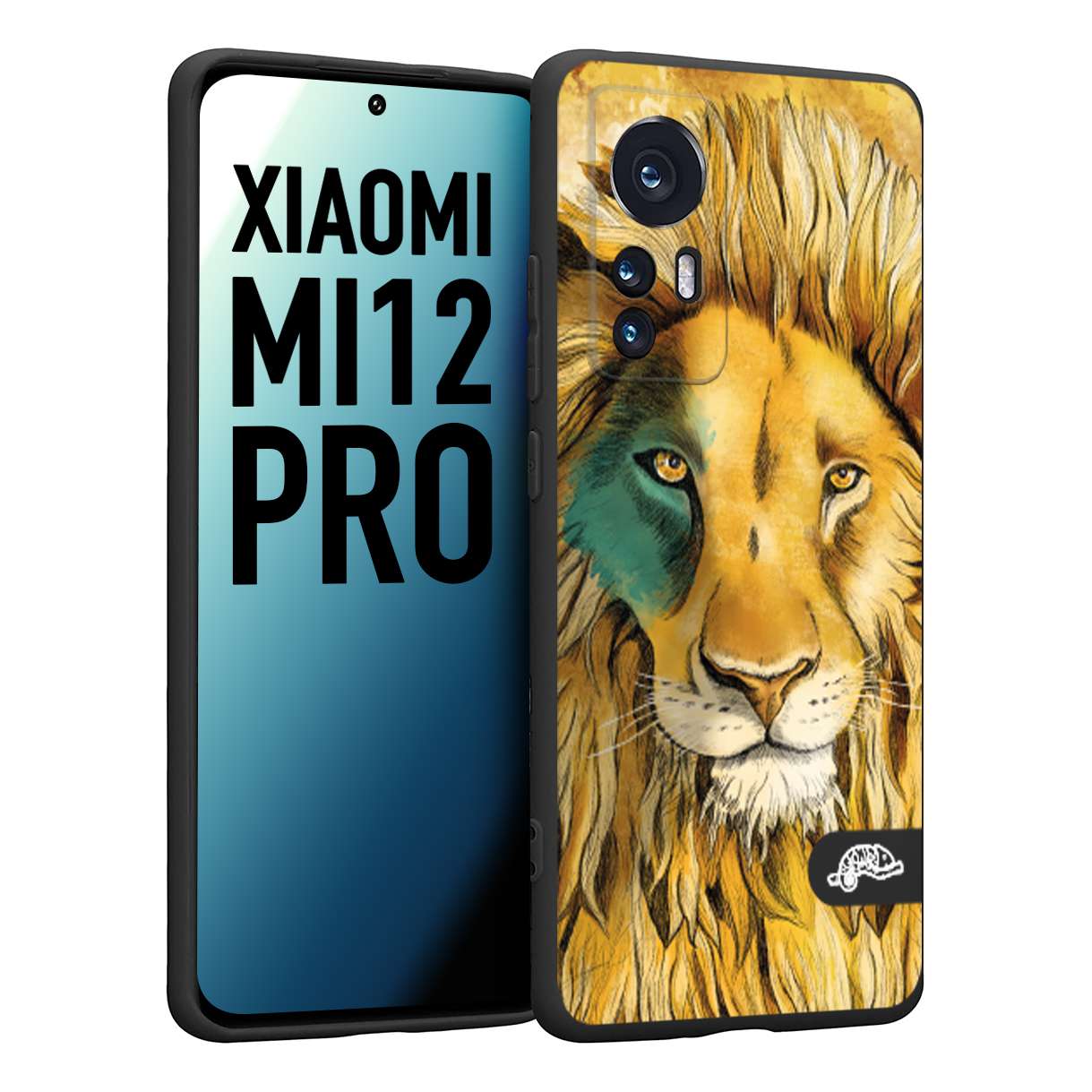 CUSTOMIZZA - Custodia cover nera morbida in tpu compatibile per Xiaomi 12 PRO leone lion disegnato a mano giallo blu a rilievo artistico brown