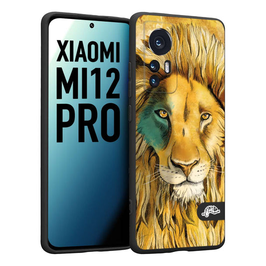 CUSTOMIZZA - Custodia cover nera morbida in tpu compatibile per Xiaomi 12 PRO leone lion disegnato a mano giallo blu a rilievo artistico brown