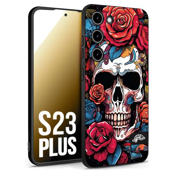 CUSTOMIZZA - Custodia cover nera morbida in tpu compatibile per Samsung S23 PLUS teschio skull flowers fiori rose rosse tattoo disegnato