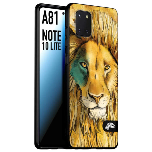 CUSTOMIZZA - Custodia cover nera morbida in tpu compatibile per Samsung A81 - Note 10 Lite leone lion disegnato a mano giallo blu a rilievo artistico brown