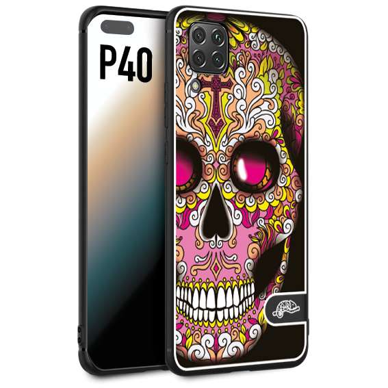 CUSTOMIZZA - Custodia cover nera morbida in tpu compatibile per Huawei P40 teschio messicano Mexican skull rosa gialla