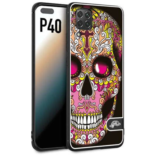 CUSTOMIZZA - Custodia cover nera morbida in tpu compatibile per Huawei P40 teschio messicano Mexican skull rosa gialla