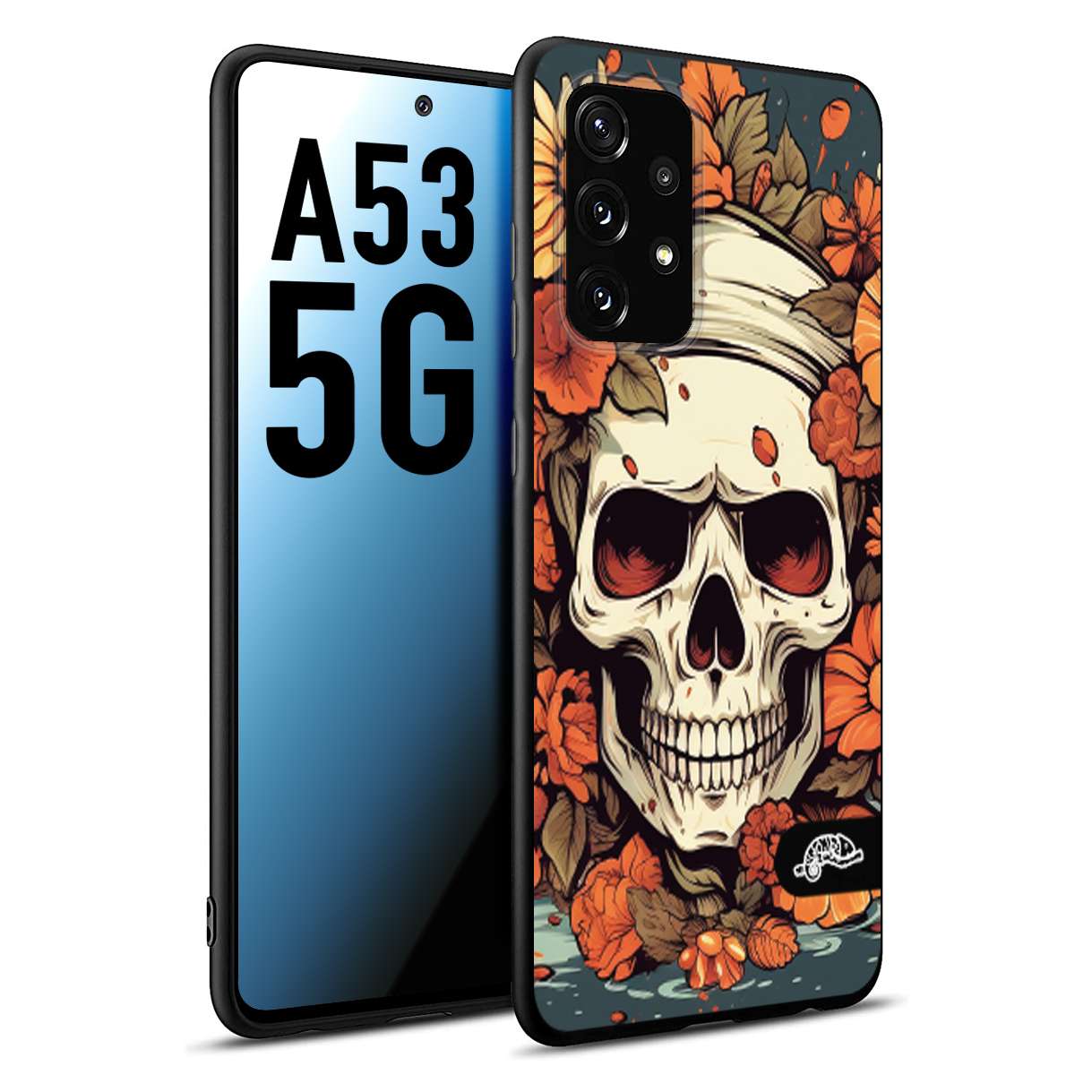 CUSTOMIZZA - Custodia cover nera morbida in tpu compatibile per Samsung A53 5G teschio skull flowers fiori tattoo disegnato alta definizione