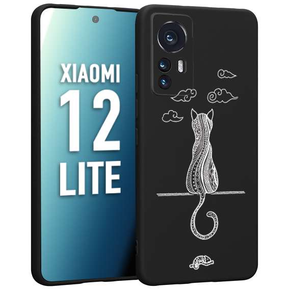 CUSTOMIZZA - Custodia cover nera morbida in tpu compatibile per Xiaomi 12 LITE gatto mandala stilizzato gattino a rilievo soft touch donna bianca