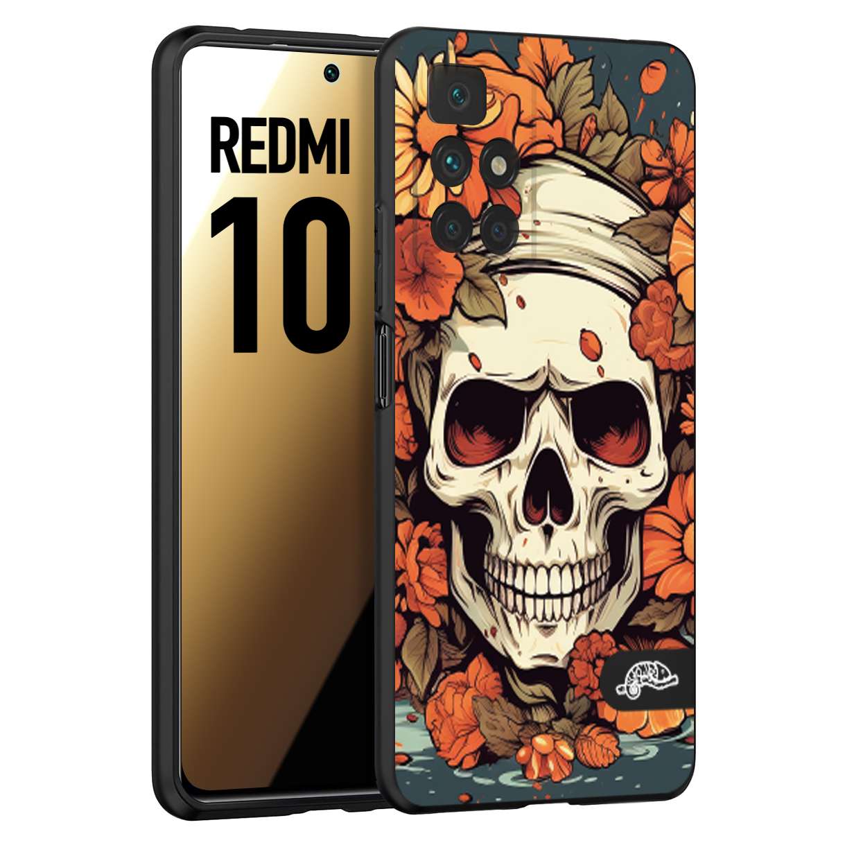 CUSTOMIZZA - Custodia cover nera morbida in tpu compatibile per Xiaomi Redmi 10 teschio skull flowers fiori tattoo disegnato alta definizione