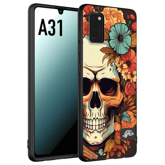 CUSTOMIZZA - Custodia cover nera morbida in tpu compatibile per Samsung A31 teschio skull flowers fiori autunnali arancio celeste tattoo