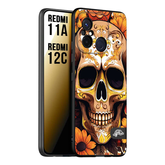 CUSTOMIZZA - Custodia cover nera morbida in tpu compatibile per Xiaomi Redmi 11A - 12C teschio messicano colorato dorato fiori tattoo disegnato