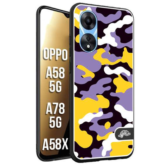 CUSTOMIZZA - Custodia cover nera morbida in tpu compatibile per Oppo A58 5G - A78 5G - A58X camouflage mimetico militare viola lilla giallo