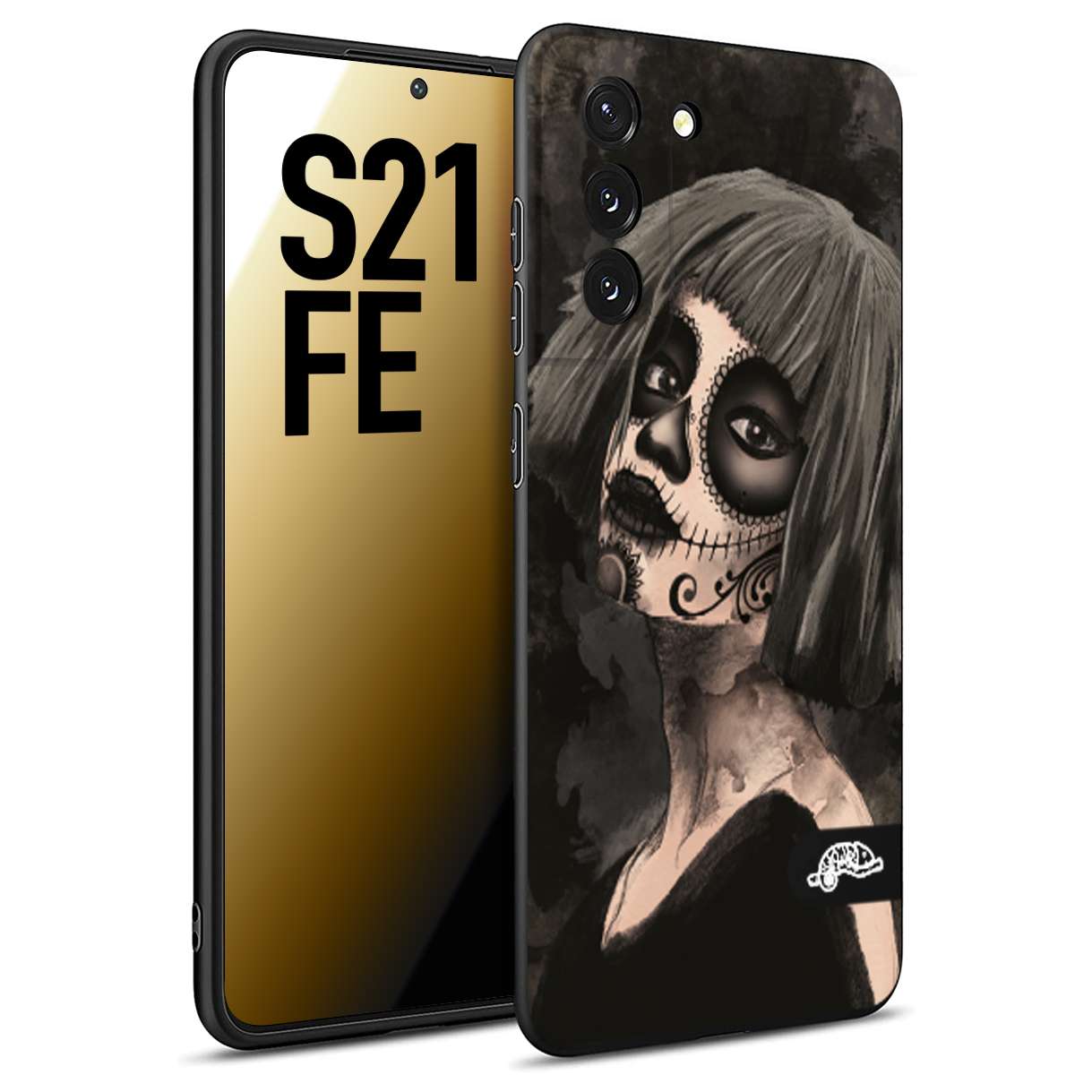 CUSTOMIZZA - Custodia cover nera morbida in tpu compatibile per Samsung S21 FE chicana messicana dea de la muerte donna santa tattoo disegnata