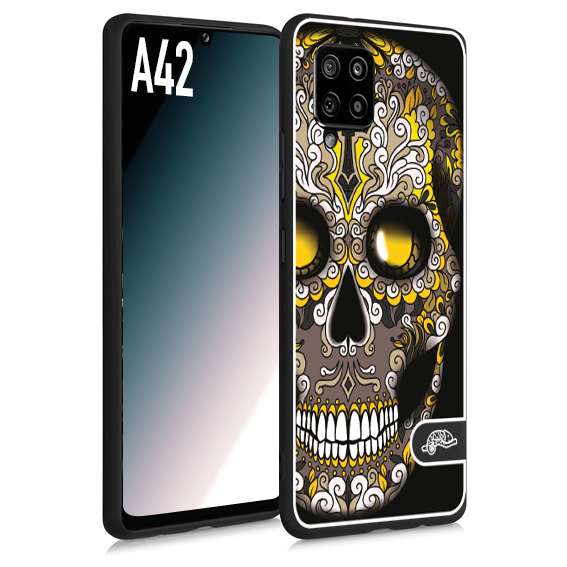 CUSTOMIZZA - Custodia cover nera morbida in tpu compatibile per Samsung A42 teschio messicano Mexican skull nero giallo