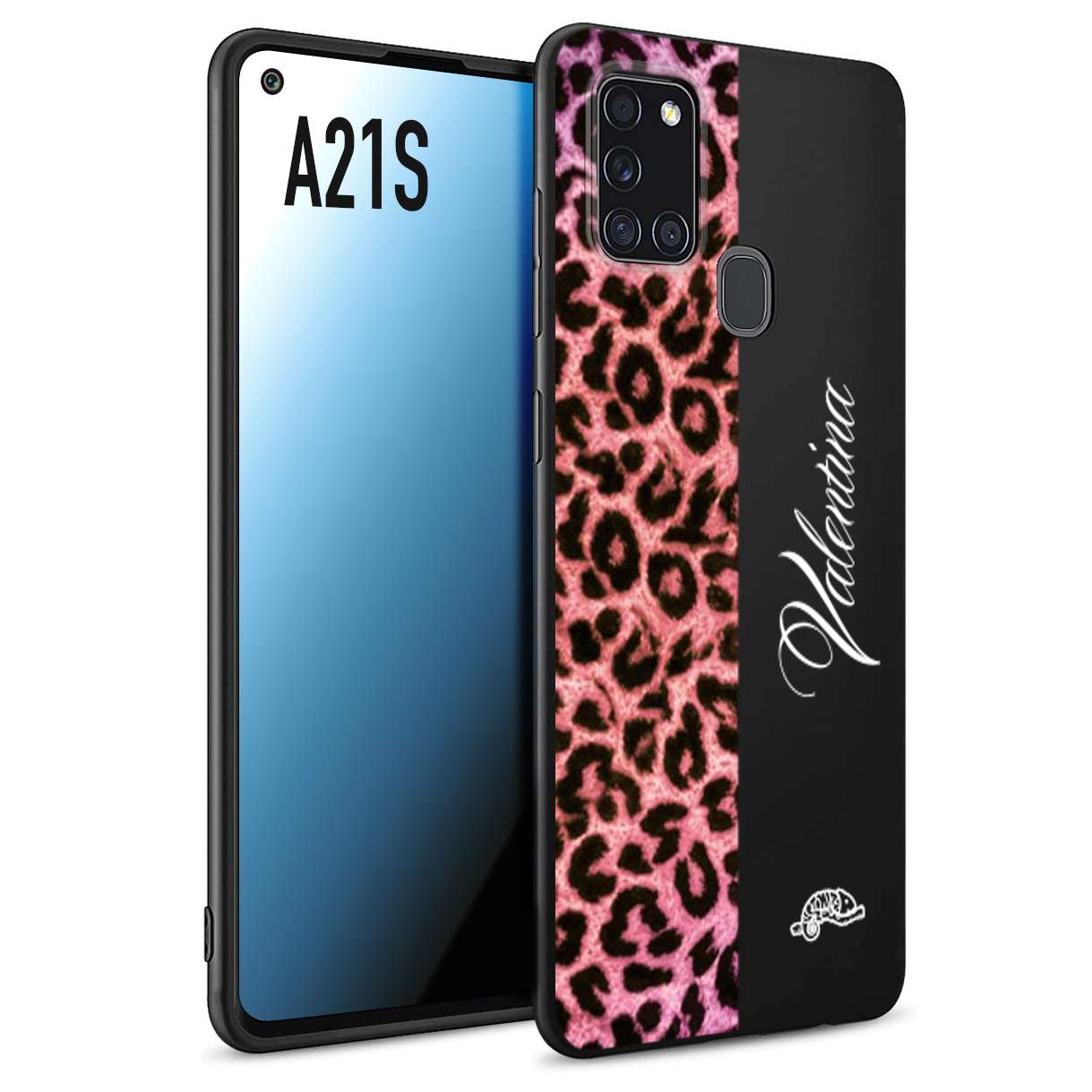 CUSTOMIZZA - Custodia cover nera morbida in tpu compatibile per Samsung A21S leopardato rosa fucsia personalizzata nome iniziali