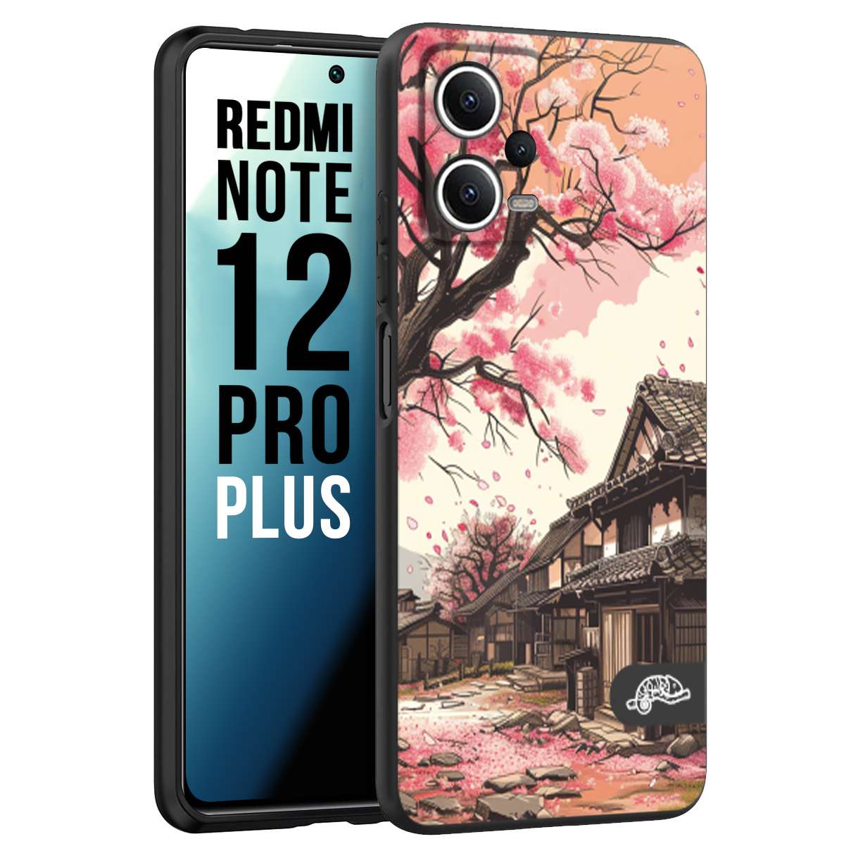 CUSTOMIZZA - Custodia cover nera morbida in tpu compatibile per Xiaomi Redmi Note 12 PRO PLUS casa giapponese rosa ciliegio in fiore disegnata tattoo