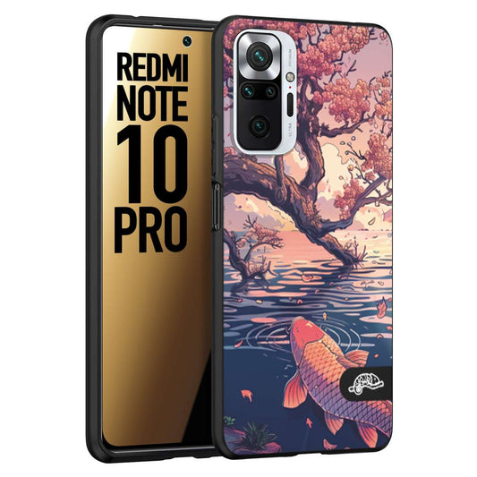 CUSTOMIZZA - Custodia cover nera morbida in tpu compatibile per Xiaomi Redmi Note 10 PRO giapponese lago carpa koi rosa con foglie d'acero disegnata tattoo