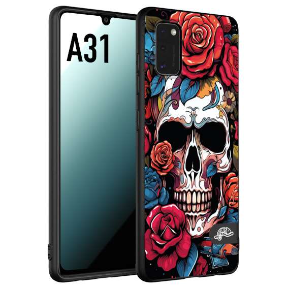 CUSTOMIZZA - Custodia cover nera morbida in tpu compatibile per Samsung A31 teschio skull flowers fiori rose rosse tattoo disegnato