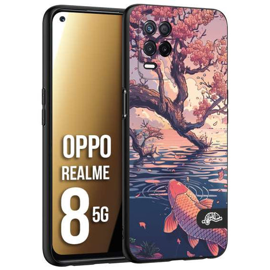 CUSTOMIZZA - Custodia cover nera morbida in tpu compatibile per Oppo Realme 8 5G giapponese lago carpa koi rosa con foglie d'acero disegnata tattoo