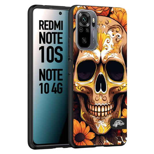 CUSTOMIZZA - Custodia cover nera morbida in tpu compatibile per Xiaomi Redmi Note 10S teschio messicano colorato dorato fiori tattoo disegnato