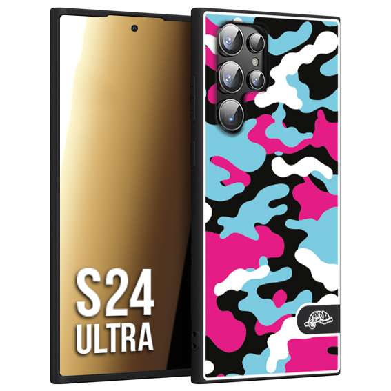 CUSTOMIZZA - Custodia cover nera morbida in tpu compatibile per Samsung S24 ULTRA camouflage mimetico militare fucsia celeste