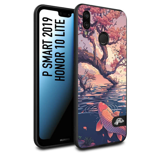 CUSTOMIZZA - Custodia cover nera morbida in tpu compatibile per Huawei P Smart 2019 giapponese lago carpa koi rosa con foglie d'acero disegnata tattoo