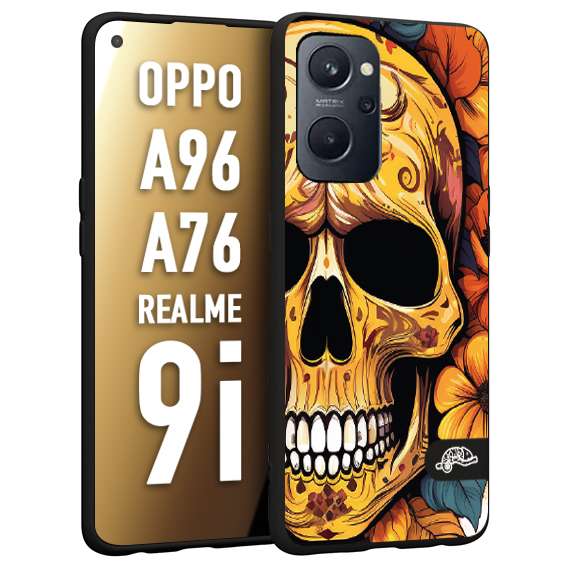 CUSTOMIZZA - Custodia cover nera morbida in tpu compatibile per Oppo Realme 9i - A96 - A76 teschio messicano colorato dorato fiori autunnali disegnato