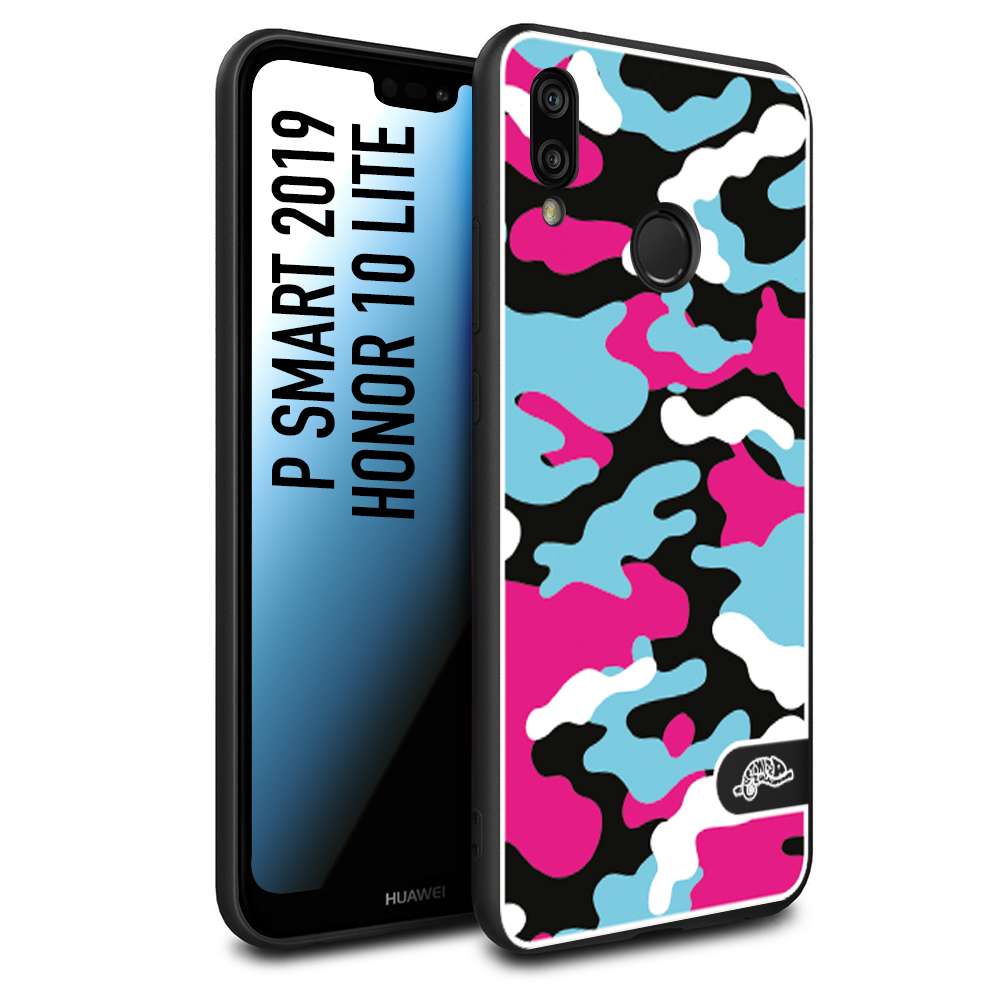 CUSTOMIZZA - Custodia cover nera morbida in tpu compatibile per Huawei P Smart 2019 camouflage mimetico militare fucsia celeste