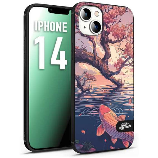 CUSTOMIZZA - Custodia cover nera morbida in tpu compatibile per iPhone 14 giapponese lago carpa koi rosa con foglie d'acero disegnata tattoo