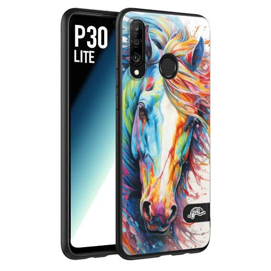 CUSTOMIZZA - Custodia cover nera morbida in tpu compatibile per Huawei P30 LITE animali color cavallo horse viso colori vibranti disegnato schizzo