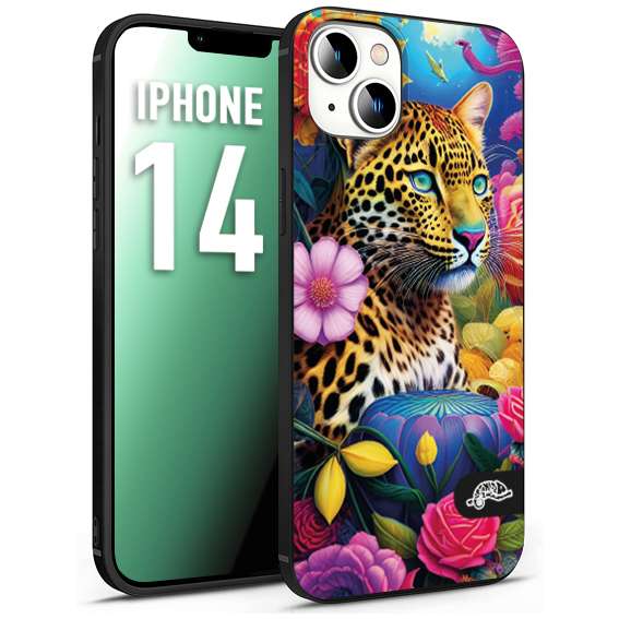 CUSTOMIZZA - Custodia cover nera morbida in tpu compatibile per iPhone 14 fiori astratti donna flower fantasia leopardo ghepardo animali colorati