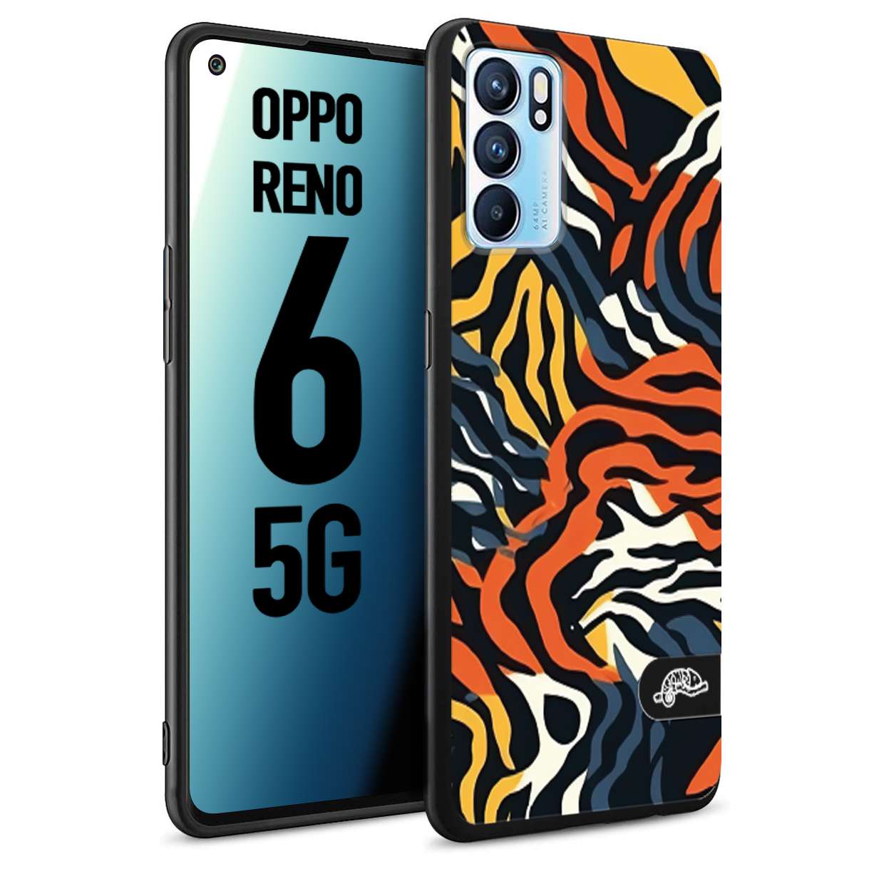 CUSTOMIZZA - Custodia cover nera morbida in tpu compatibile per Oppo Reno 6 5G leopardato maculato tigrato tiger colorata gialla blu arancio