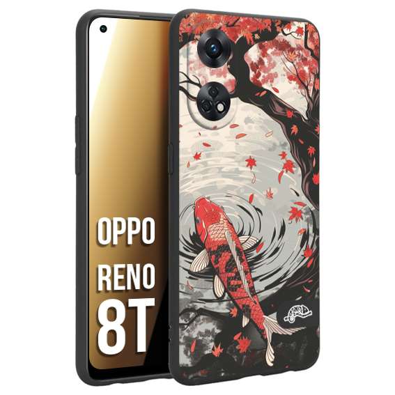 CUSTOMIZZA - Custodia cover nera morbida in tpu compatibile per Oppo Reno 8T giapponese lago carpa koi rossa con foglie d'acero rosso disegnata tattoo