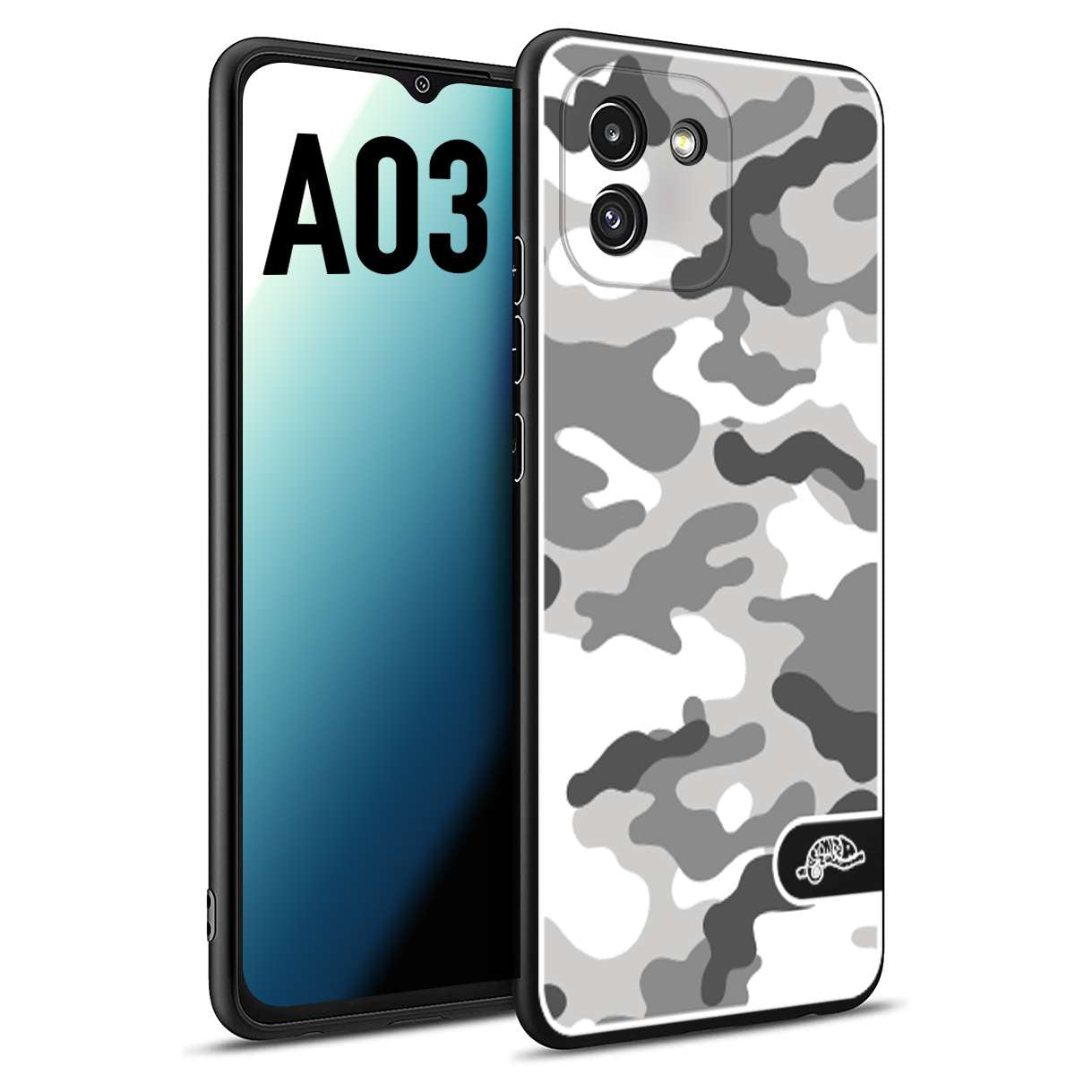 CUSTOMIZZA - Custodia cover nera morbida in tpu compatibile per Samsung A03 camouflage mimetico militare bianco white