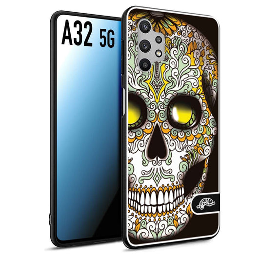 CUSTOMIZZA - Custodia cover nera morbida in tpu compatibile per Samsung A32 5G teschio messicano Mexican skull bianco verde giallo