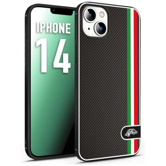 CUSTOMIZZA - Custodia cover nera morbida in tpu compatibile per iPhone 14 effetto fibra di carbonio bandiera Italia made in Italy