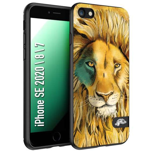 CUSTOMIZZA - Custodia cover nera morbida in tpu compatibile per iPhone 7 - 8 - SE 2020 / 2022 leone lion disegnato a mano giallo blu a rilievo artistico brown