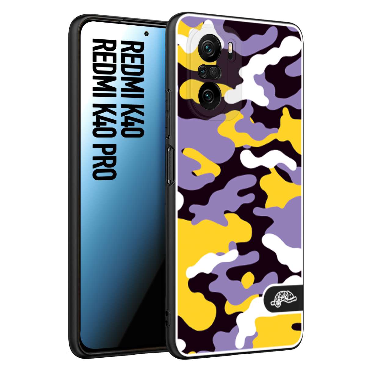 CUSTOMIZZA - Custodia cover nera morbida in tpu compatibile per Xiaomi Redmi K40 - K40 Pro camouflage mimetico militare viola lilla giallo