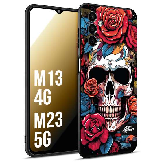 CUSTOMIZZA - Custodia cover nera morbida in tpu compatibile per Samsung M13 4G - M23 5G teschio skull flowers fiori rose rosse tattoo disegnato