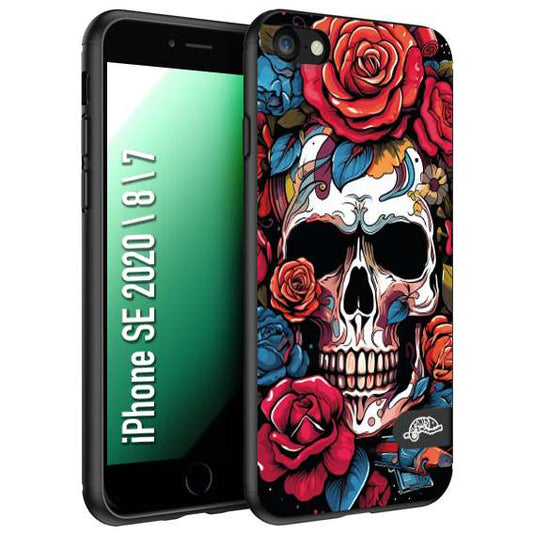 CUSTOMIZZA - Custodia cover nera morbida in tpu compatibile per iPhone 7 - 8 - SE 2020 / 2022 teschio skull flowers fiori rose rosse tattoo disegnato