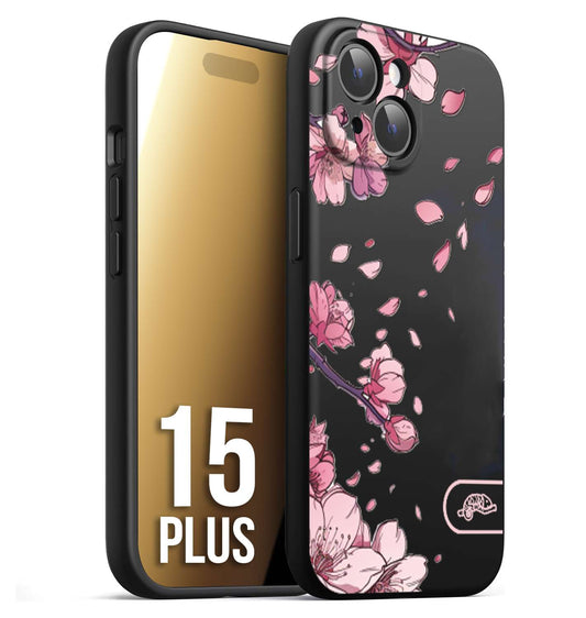 CUSTOMIZZA - Custodia cover nera morbida in tpu compatibile per iPhone 15 PLUS giapponese fiori di ciliegio in fiore a rilievo disegnata tattoo