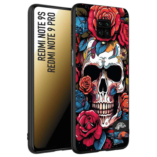 CUSTOMIZZA - Custodia cover nera morbida in tpu compatibile per Xiaomi Redmi Note 9S - Note 9 PRO teschio skull flowers fiori rose rosse tattoo disegnato