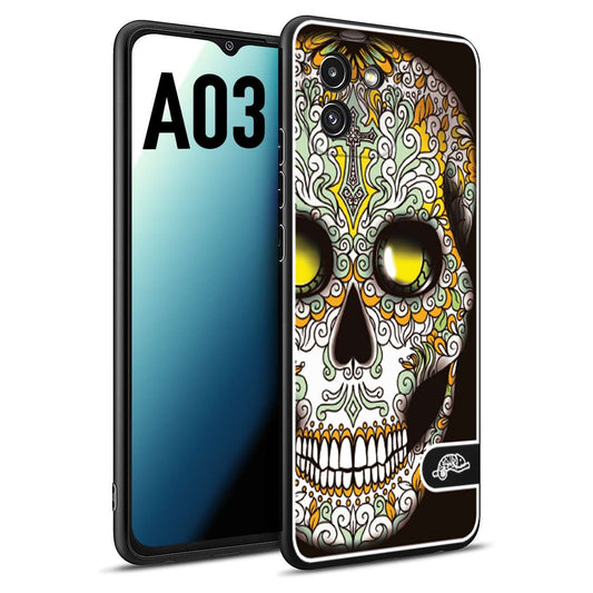 CUSTOMIZZA - Custodia cover nera morbida in tpu compatibile per Samsung A03 teschio messicano Mexican skull bianco verde giallo