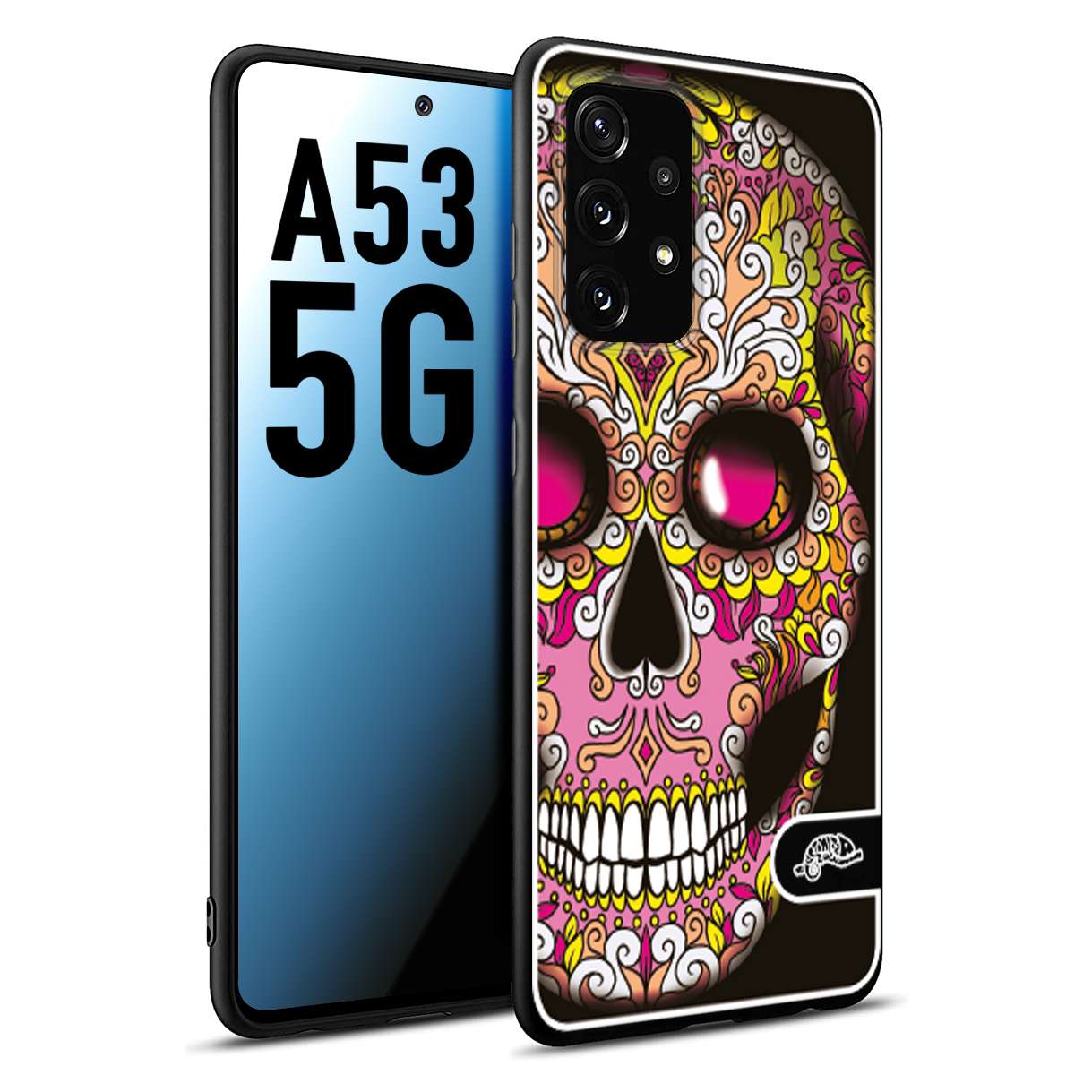 CUSTOMIZZA - Custodia cover nera morbida in tpu compatibile per Samsung A53 5G teschio messicano Mexican skull rosa gialla