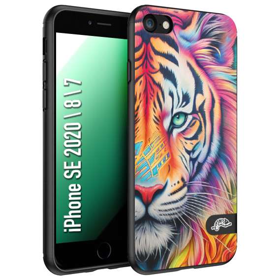 CUSTOMIZZA - Custodia cover nera morbida in tpu compatibile per iPhone 7 - 8 - SE 2020 / 2022 animali color tigre tiger viso colori vibranti disegnato schizzo