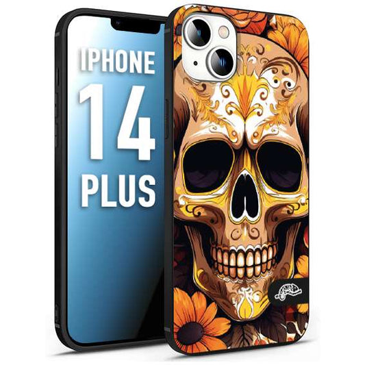 CUSTOMIZZA - Custodia cover nera morbida in tpu compatibile per iPhone 14 PLUS teschio messicano colorato dorato fiori tattoo disegnato